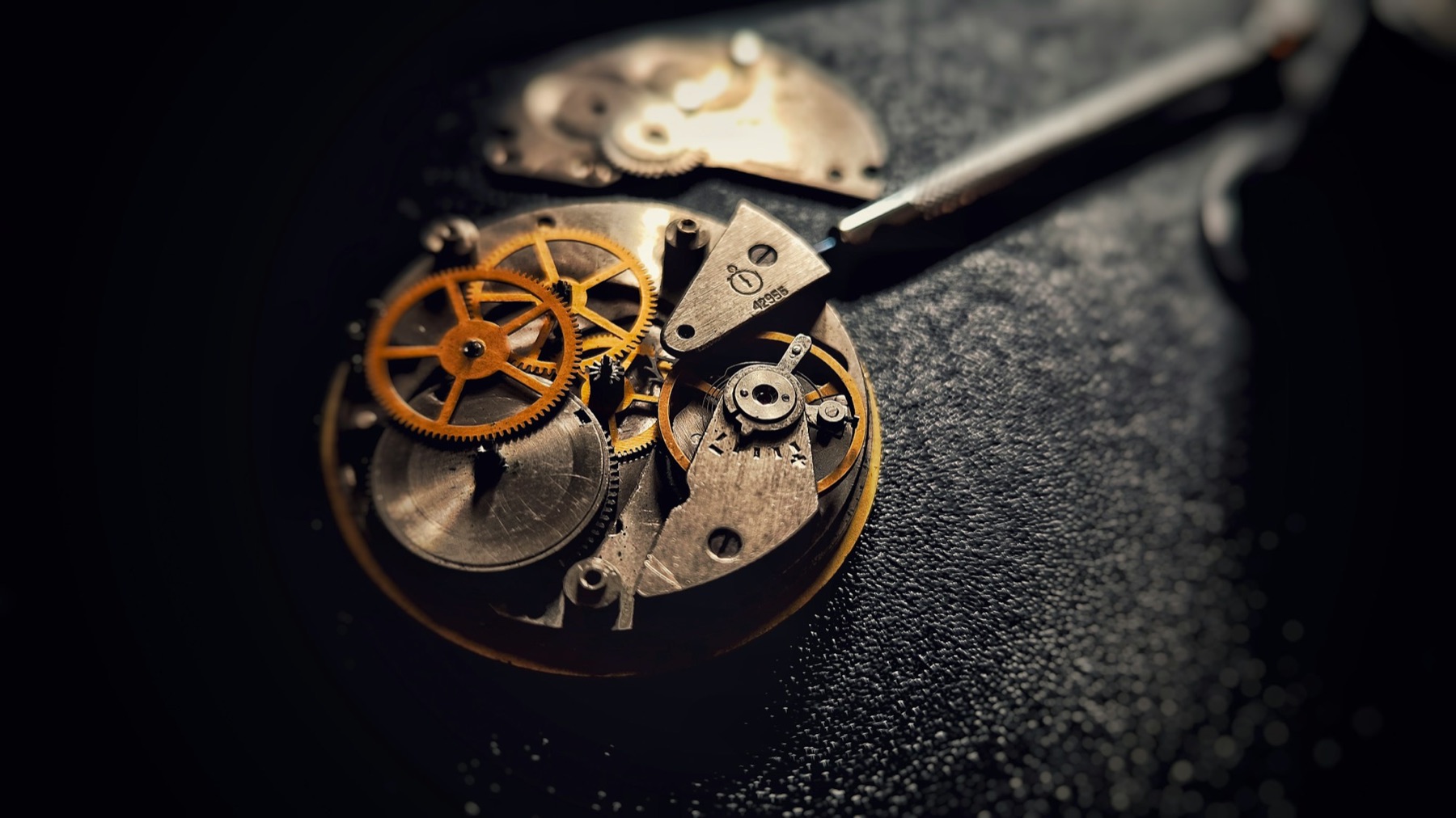 Mouvement de montre ouvert sur l'établi de l'horloger